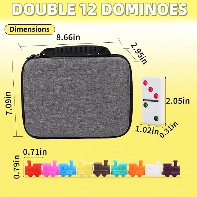 Mexican Train Dominoes Game Set, Double 12 Colored Dot Dominoes with Update Hub, Travel Domino Train Game with 91 Tiles and Portable Carry Case, Family Board Team Games for Kids and Adults
