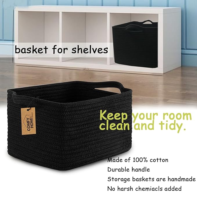 COMFY-HOMI 3PACK Cotton Rope Woven Basket With Handles for Shelves, Toy, Book, Cloth Storage Basket for Organizing|13.5" x 11" x 9.5" For Living Room（all Black）