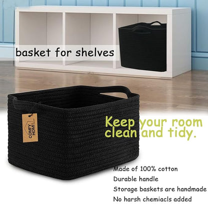 COMFY-HOMI 3PACK Cotton Rope Woven Basket With Handles for Shelves, Toy, Book, Cloth Storage Basket for Organizing|13.5" x 11" x 9.5" For Living Room（all Black）