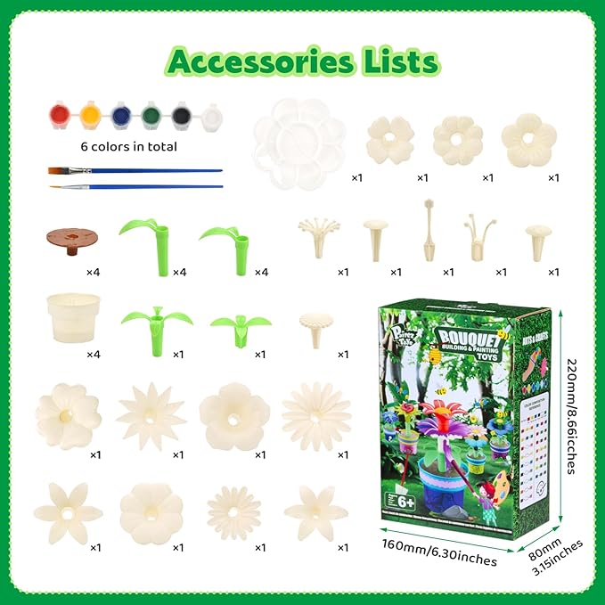 Pairez Toys Flowers Building Blocks Toys, Painting Kit Flower Toys for Kids, Arts and Crafts Kits, STEM Educational Gardening Pretend Toy for Girls & Boys Age 6 7 8 9 10