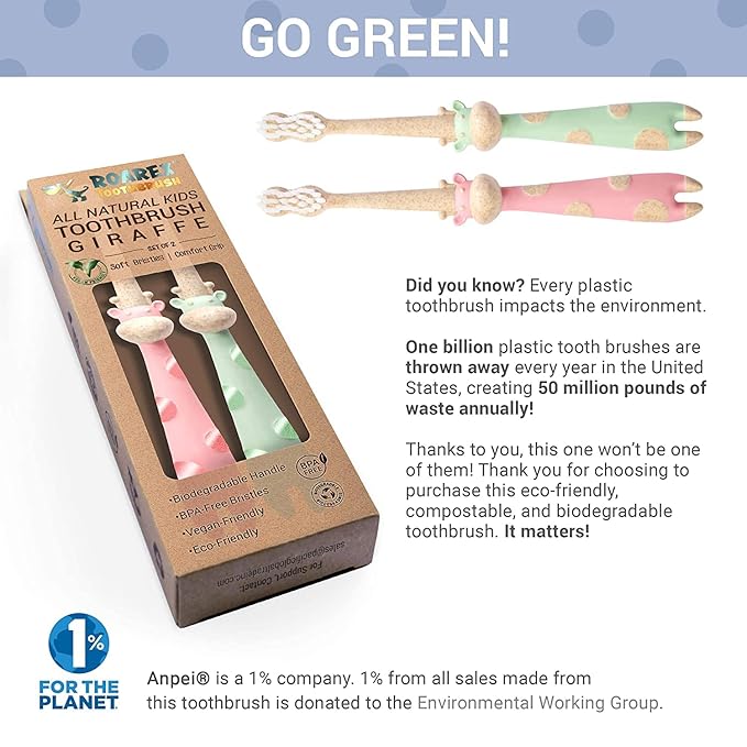 ROARex Vegan Eco Friendly All Natural Kids Toothbrush Made from Plants – Sweet Baby Giraffe | 100% Biodegradable and Compostable | 1% for The Planet Product