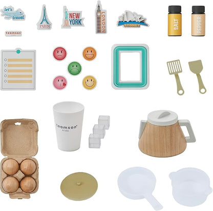 Teamson Kids Little Chef Atlanta Large Modular Wooden Play Kitchen with Interactive, Realistic Features, and 17 Kitchen Accessories, for 3yrs and up, Blue/White/Gold