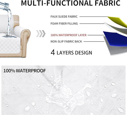Easy-Going Waterproof Oversized Loveseat Covers Leakproof Couch Cover for 2 Cushion Couch Sofa Cover Washable Sofa Slipcover Non-Slip Furniture Protector with Pocket for Pets (Medium-XL, White)