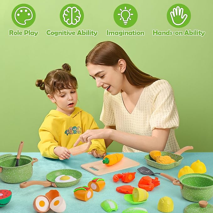 Play Kitchen Accessories Play Food Set for Kids, Stainless Steel Pots and Pans Cooking Set for Toddlers Pretend Food Toys, Kitchen Playset for Kids Ages 4-8 Birthday for Boys and Girls