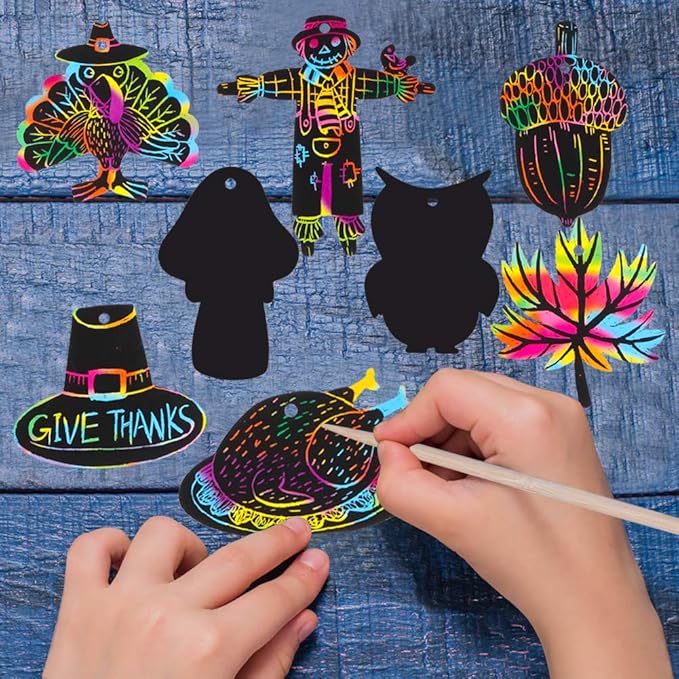Hohomark Thanksgiving Scratch Off Cards - 24PCS Thanksgiving Crafts for Kids DIY Rainbow Scratch Paper for Thanksgiving Party Thanksgiving Arts and Crafts for Kids