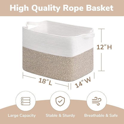Goodpick Woven Baskets for Organizing, 18" x 14" x 12" Blanket Storage for Living Room Home Decor, Rectangle Toy Storage Basket for Kids, Large Gift Baskets Empty, White & Brown