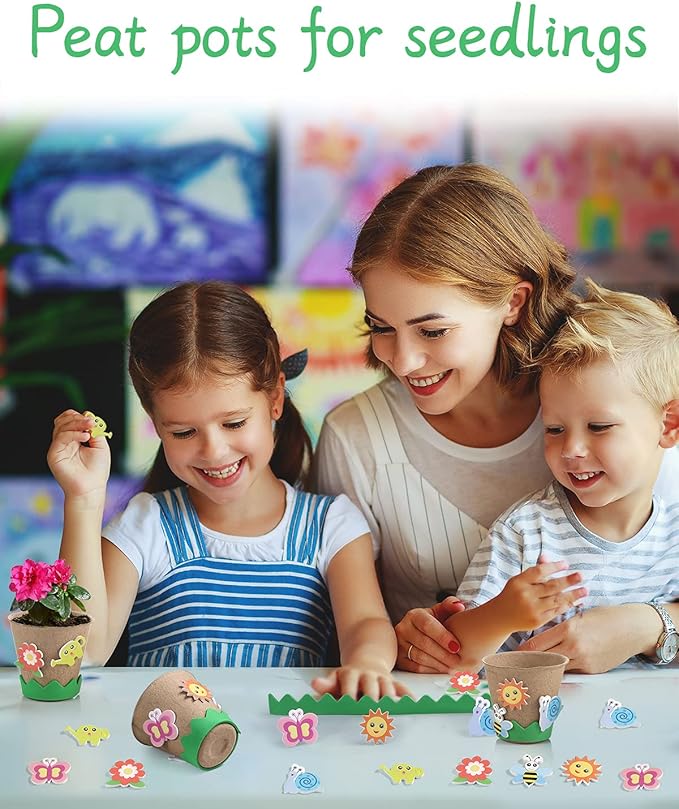 Ayfjovs Garden Paper Pot Craft Kit 15 Pack Flower Plant Spring Craft with 105 PCS Adhesive Foam Stickers and 15 PCS Paper Mache Pots, Flower Planting Growing Kit Science and Garden for Kids