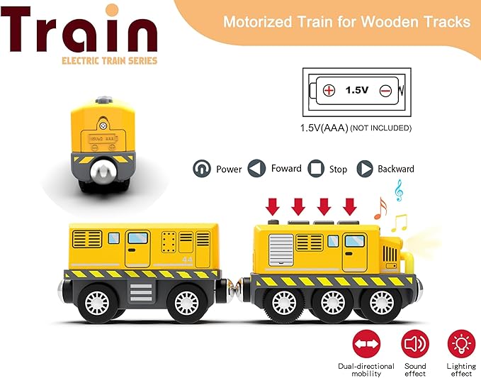 Battery Train Set for Wooden Tracks, Motorized Locomotive Train Toy for Kids, Electric Trains Accessories with Magnetic Trains Compatible with Thomas, Brio, Chuggington, Melissa & Doug