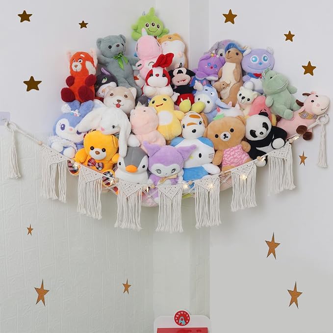 Large Stuffed Animal Hammock or Net, Macrame Boho Toy Hammock with LED Light, Decorate Net for Stuffed Animals Corner, Space Saving Hanging Stuff Animal Organizer Holder for Kids Bedroom Playroom