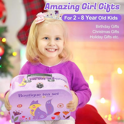 Tea Party Set for Little Girls, 49PCS Princess Tea Time Toy Including Tea Set Dessert Carrying Case, Kids Kitchen Pretend Playset, 3-8 Years Old Girls Boys Toddler Toys Birthday