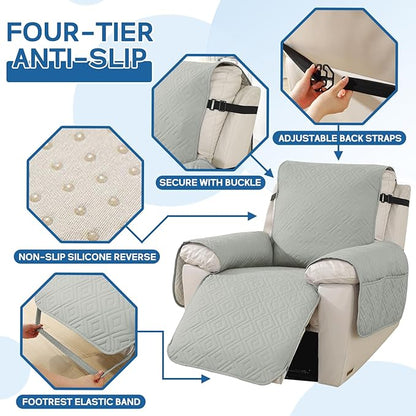 XINEAGE 100% Waterproof Recliner Cover, Non Slip Recliner Chair Cover with Elastic Band, Washable Recliner Slipcover with Storage Pockets for Kids, Pets (Light Gray, 25")