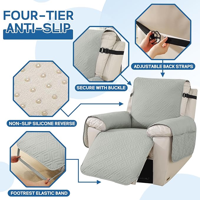 XINEAGE 100% Waterproof Recliner Cover, Non Slip Recliner Chair Cover with Elastic Band, Washable Recliner Slipcover with Storage Pockets for Kids, Pets (Light Gray, 30")