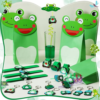 98 Pcs Frog Party Favor Supplies Set Include Frog Party Paper Bags Frog Stickers Frog Keychains Curly Drinking Straws Animal Slap Bracelets for Boy Girl Animal Frog Themed Birthday Decoration
