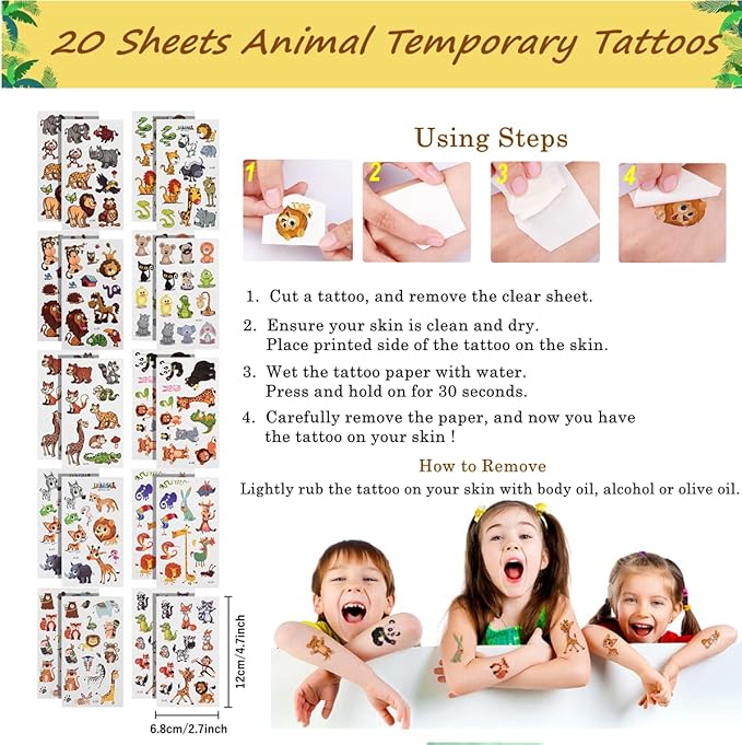 65Pcs Safari Jungle Animal Themed Birthday Party Favors for Kids, Baby Shower/Wild-One/Zoo Woodland Party Gift Goodie Bag Stuffers, Include Animal Masks/Slap Bracelets/Tattoos/Animal Squishies Toys