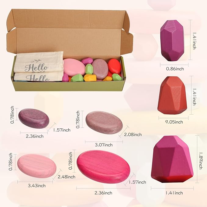 OESSUF Stacking Rocks 26Pcs Stacking Blocks Balancing Stacking Stones Wooden Building Toys Wood Stone Stacking Game for Toddler Sorting Preschool Educational Montessori Stacking Rocks for Kids