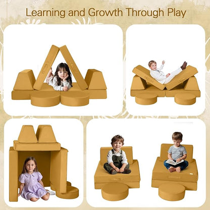 MeMoreCool Modular Kids Couch Sofa, Mustard 8-Piece Convertible Foam Play Couch Set for Toddlers and Playroom
