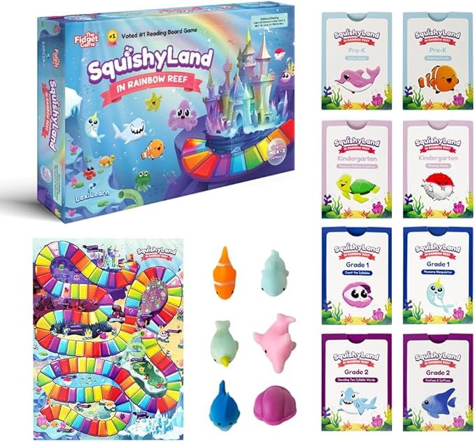 The Fidget Game SquishyLand in Rainbow Reef - Educational & Phonics Kindergarten Learning Activities for Children in Pre-K to 2nd Grade - Mochi Squishy Toys Set with Board Game (2-6 Players)