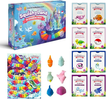 The Fidget Game SquishyLand in Rainbow Reef - Educational & Phonics Kindergarten Learning Activities for Children in Pre-K to 2nd Grade - Mochi Squishy Toys Set with Board Game (2-6 Players)