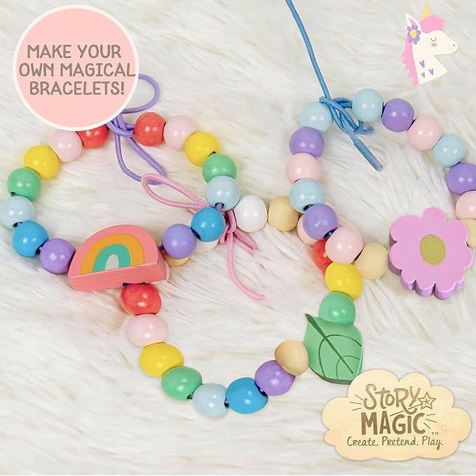 Story Magic Wooden Flower Bead Set, Over 300 Large Hole Wood Beads & Charms for Beading Bracelets, Bracelet Making Kit, Flower Bracelet Kit, Whimsical Bracelet Charms, Storage Tray Included, Ages 4+