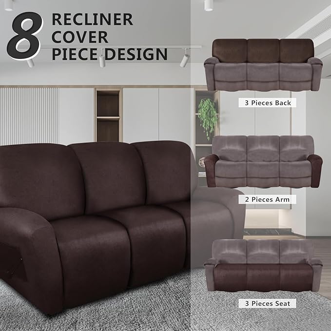 molasofa Recliner Sofa Covers - 8 Pieces Stretch Leather Like Large Couch Covers for 3 Seats Reclining Slipcovers Soft Jacquard Pattern Furniture Protector with Elastic Bottom (Chocolate)