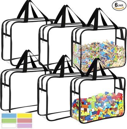 6 Packs Large Toy Storage Bags with Labels, Reusable Clear PVC Board Game Storage, Travel Waterproof Organizer Bags with Zipper for Building Blocks, Puzzle, Kids Books