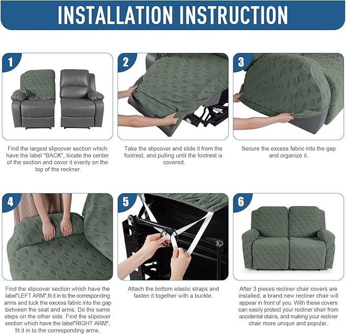 TAOCOCO Recliner Loveseat Cover, Stretch Jacquard Reclining Loveseat Cover Furniture Protector Sofa Slipcovers 2 Seat Recliner Covers with Elastic Bottom for Kids, Pets (Grey Green)