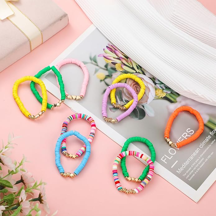 Sureio 24 Pcs Colorful Friendship Bracelets Letter Heart Smile Bracelet Surfer Bracelets Stretch Beaded Kids Bracelet for Girls Women Back to School Tween Girl Party Favors