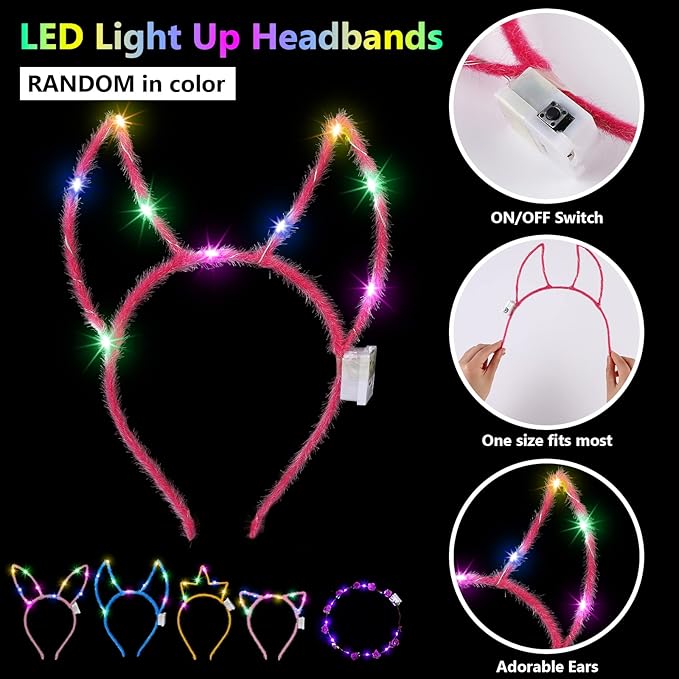 ADXCO 60 Pieces Glow in the Dark Party Supplies Neon Party Favor LED Light Up Party Favors with Flashing Glasses Flower Headband Crown Bracelets Rabbit Cat Ear Headband for Neon Party