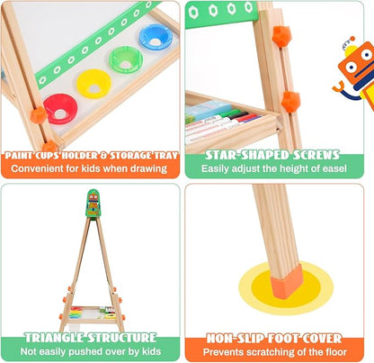 Kids Wooden Easel Foldable Double Sided Whiteboard Blackboard Children Art Easel with Storage, Height Adjustable Easel for Boys Girls Painting and Writing with Gift Packs (Green robot)