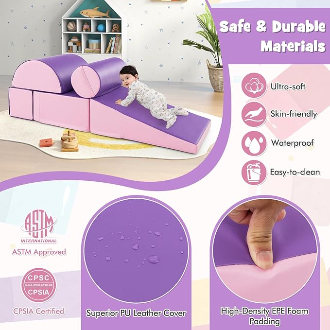 HONEY JOY 5-Piece Climb and Crawl Playset, Soft Climbing Foam Block Activity Play Structure Gym Equipment for Infant Baby, Color Coordination, Waterproof Indoor Climbing Toys for Toddlers (Purple)