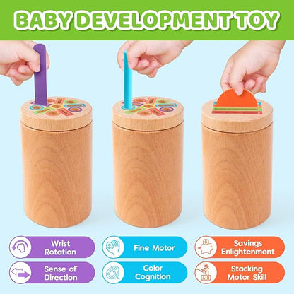 Montessori Wooden Toddler Toys， 3-in-1 Fine Motor Skills Learning Set ，Educational Color Sorting Sensory Toys for 3+ Year ， Teaches Object Permanence & Cause-Effect ，Gifts for Boys & Girls