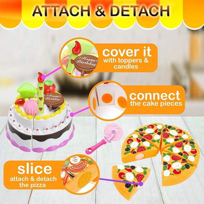 FUNERICA Play Food Goodies Set - Features Cutting Pizza, Ice Cream, Toy Birthday Cake, Fries, Dessert – Pretend Kitchen Toys for Toddlers, Boys, Girls