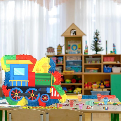 3D Train Pinata Set, Train Themed Birthday Party Game Supplies, Include Stickers Stamps Keychains Slap Bracelets, Train Party Decorations for Kids, Train Pinata for Boys Birthday Party Favors