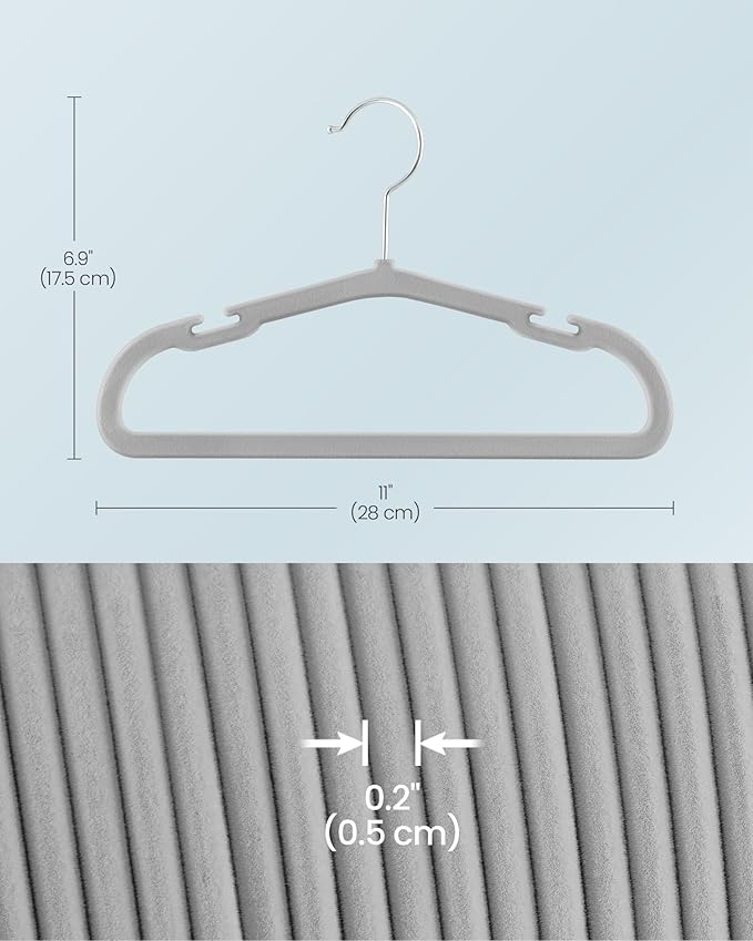 SONGMICS Baby Hangers 50 Pack, 11 x 6.9 Inches, Kids Hangers for Closet, Non-Slip Velvet Hangers, Childrens Hangers, Space-Saving Clothes Hangers, Wide Shoulder Notches, Dove Gray UCRF037G01