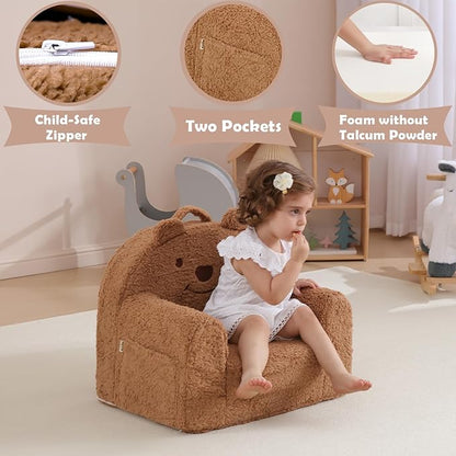 Toddler Chair,Sherpa Bear Kids Chair,Toddler Couch Fold Out,Children Reading Chair,Flip Out Kids Couch,Toddler Sofa Convertible for Age 1-3(Brown Bear)