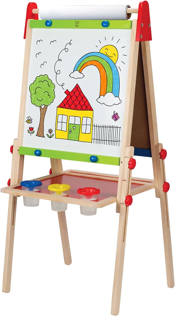 Hape E1010 Magnetic All in 1 Kids Height Adjustable Drawing Dry-Erase Chalkboard Wooden Artist Easel with 3 Paint Pots and Refillable Paper Roll