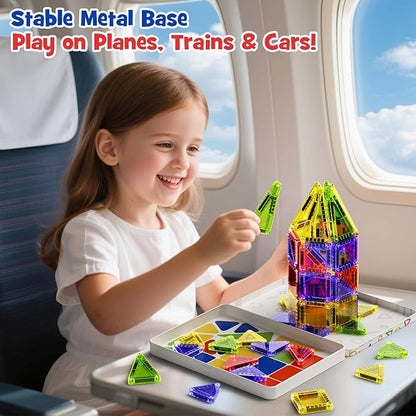 Mini Magnetic Tiles for Kids Travel - 40pcs STEM Building Blocks with Visual Storage Guide & Metal Box Play Base, Toddler Airplane Activities Toys for Ages 3-5,4-8, Compact Travel Toys
