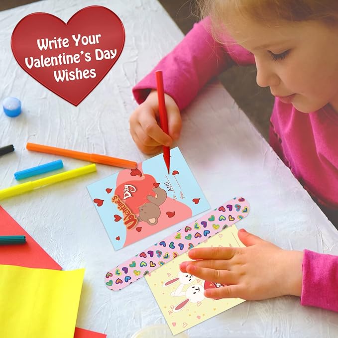 Leesgel 32pcs Valentines Cards for Kids Classroom, Valentines Day Surprise for Kids School with Toys Slap Bracelets, Class Valentines Cards Bulk for Party Favors Supplies