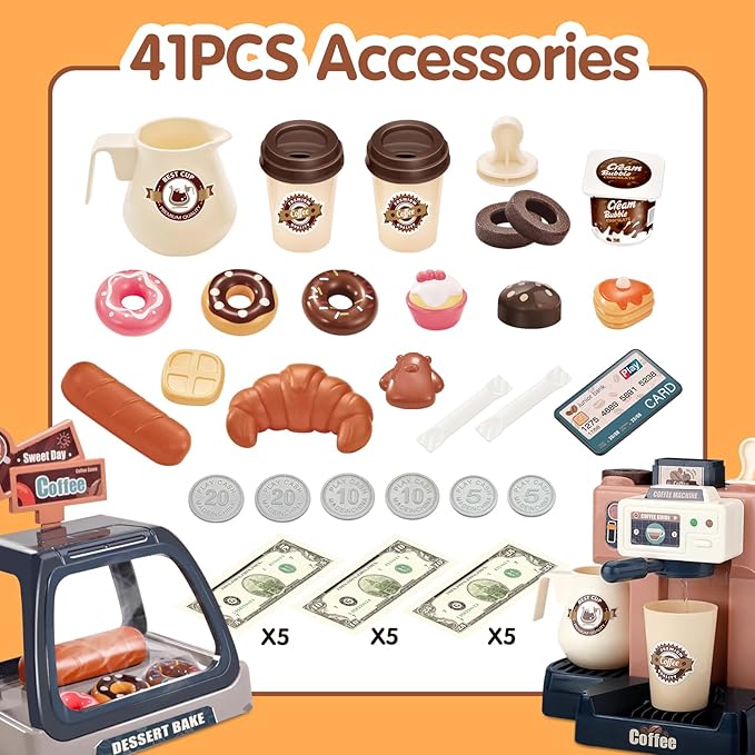 Pretend Role Play Toy Kids Coffee Maker Playset, ACROFEK Toy Coffee Maker with Sound Light, Play Coffee Maker Set for Kids with Fake Donuts (41PCS)