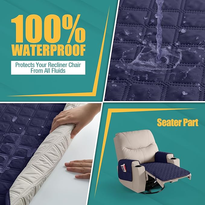 Ruaozz Waterproof Recliner Chair Covers Non Slip Chair Covers Recliner Seat Cover with Arms Washable Recliner Covers for Reclining Chair with Pocket, Covers for Recliner Chair (Dark Blue, Small-22'')