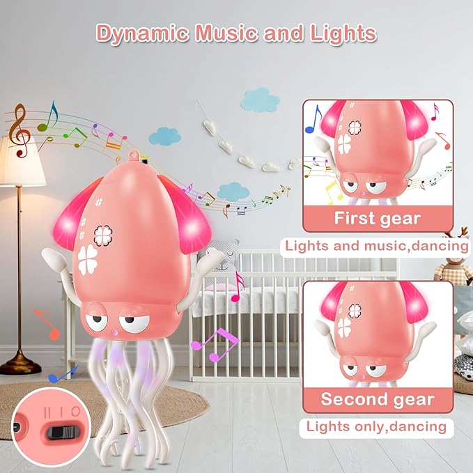 Plnmlls Dancing Octopus Toy,Tummy Time Toys,with Music and LED Light,Built-in Rechargeable Battery and Volume Can be Turned Off for 6-12 12-18 36 Months Walking Toddler Birthday Gift(Pink)