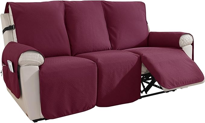 Easehomey Waterproof Recliner Sofa Cover Non-Slip couch cover recliner sofa 3 section with Elastic Straps Two Pockets, Washable Couch Covers Furniture Protector for Kids,Dogs (Wine Red, Recliner Sofa)
