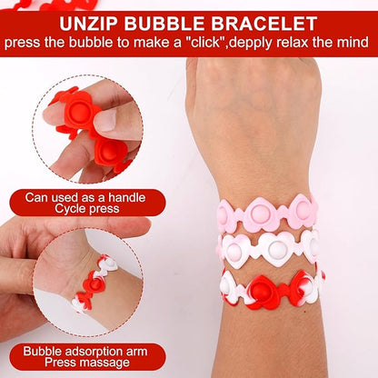 12pcs Valentine Heart-shaped Rubber Wristbands, Valentine's Day Pink Silicone Bracelets Red Sensory Wristband Pop Fidget Bracelet for Kids Students Party Favors Classroom Gift Exchange