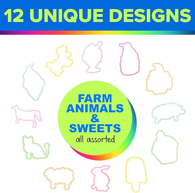 Expressions 48pc Shaped Gummie Bracelets - Bulk Pack Colorful Pastel Glitter Rubberband Bracelets, Kids Party Favors & Bracelet Kit