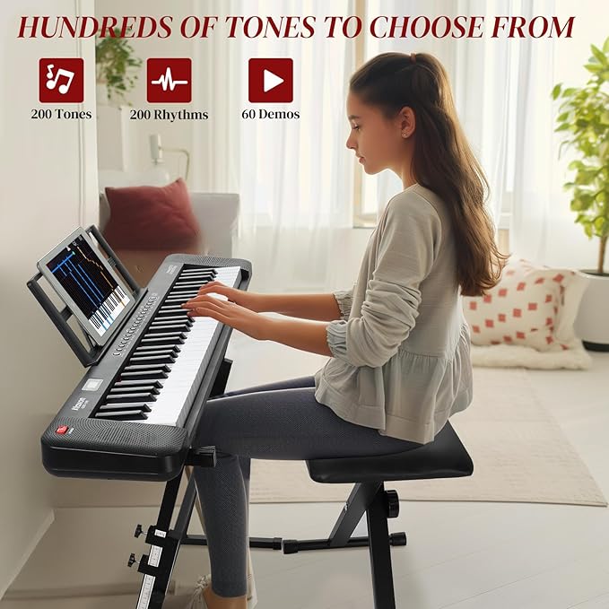 Ktaxon 61 Key Keyboard Piano Electric Keyboard w/Lighted Keys, Electric Piano Set with Headphones, Microphone, Music Rest, Power Adapter, Stand, Piano Bench and Manual (Compact-Classic Black)