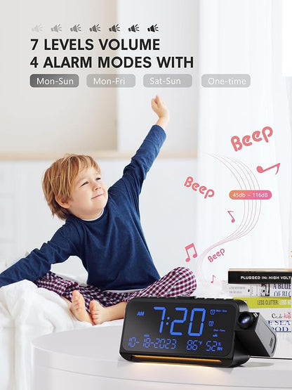 Projection Alarm Clock for Bedroom Ceiling, Digital Clock Projector with Weekday/Weekend Mode, Date, Temperature, Humidity, Type-C USB Charger, Snooze, Dual Alarms, Dimmer,12/24H