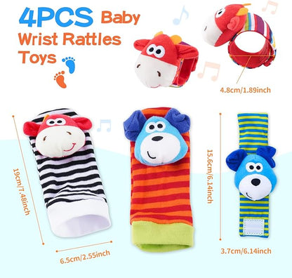 Koty Baby Wrist Rattles Foot Finder Toys Set, Toddler Rattle Sock, Arm Hand Bracelet, Feet Leg Ankle Socks, Gift for Newborn Infant Babies Boy Girl Bebe(Dog & Cow)