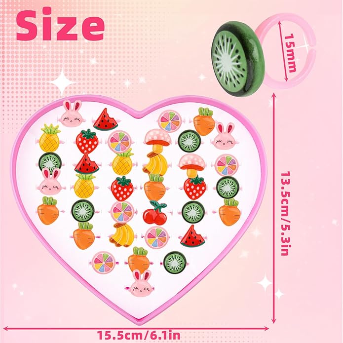 Little Girl Jewel Rings, Adjustable Pink Rings Girls Kids Pretend Play and Dress up Jewelry Set, Cute Rings with Display Case Party Favors Toys Gifts