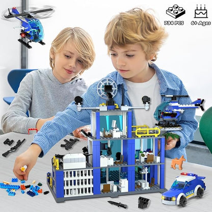 HOGOKIDS City Police Station Building Toys with LED Light - 734pcs Police Building Block Sets with Helicopter Police Motorcycle Vehicle Armored Car, Police Playset Gift for Kids Boys Girls Age 8-12+