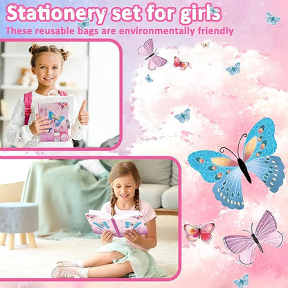 Butterfly Girls Diary with Lock, Set of Diary for Girls Incl. Kids Journal with Lock & Pen (6-Multicolor) Memo Ruler Sharpener Eraser Pink Girls Journal Writing Notebooks for Kids Gifts for Girls 6-8